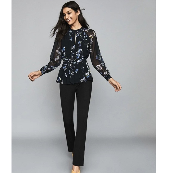 REISS Robbie Floral Printed Blouse Semi Sheer Pleated Keyhole Peplum Tie Flowy - Picture 12 of 16